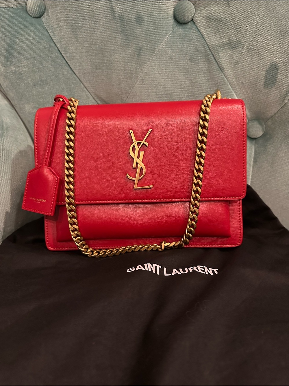 Saint Laurent Red Leather Sunset Chain Shoulder Bag with Gold Hardware